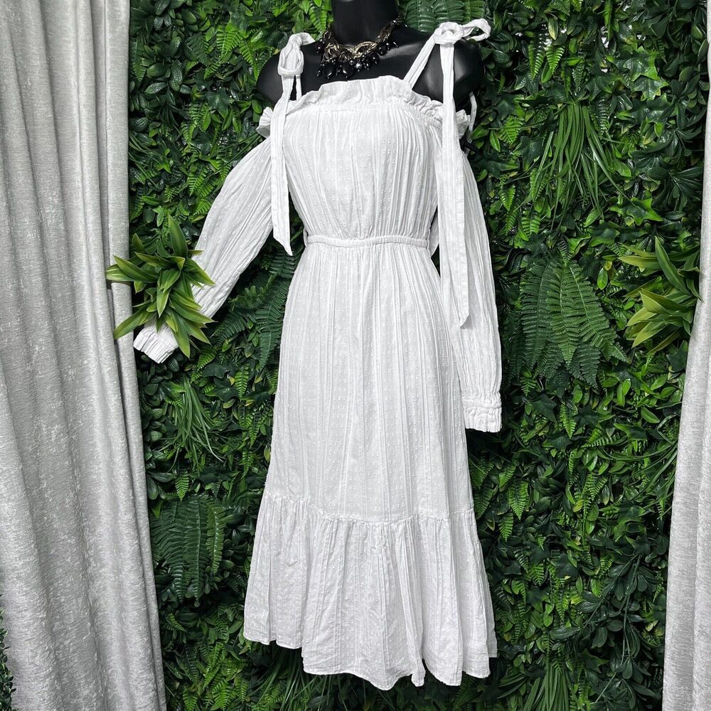 STEELE Dress Women Small‎ White Cold Shoulder Ruffle Midi Cottage 2472